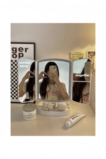 Desktop LED makeup mirror two in one shell three-sided mirror folding dressing mirror large lighted adjustable mirror